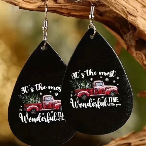 Holiday Red Truck It's the Most Wonderful Time of the Year Teardrop Earrings - Picture 1 of 8